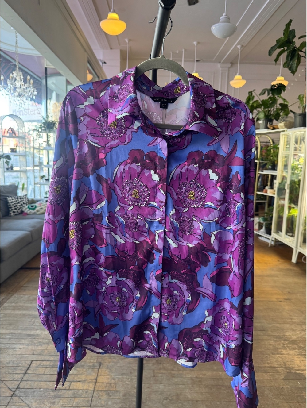 Boston Proper Purple Floral Button-Up Blouse Size 16